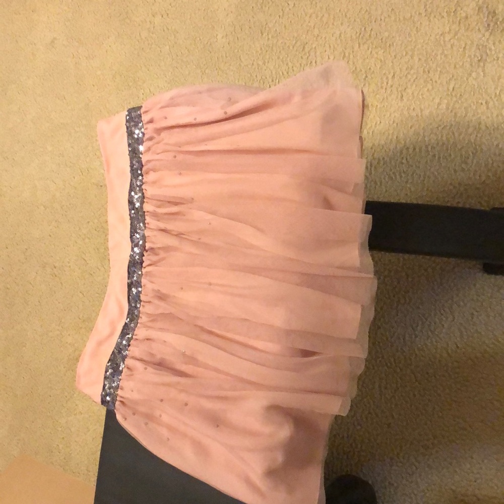 Peach Vera Wang mini with black sparkle band at waist and tulle